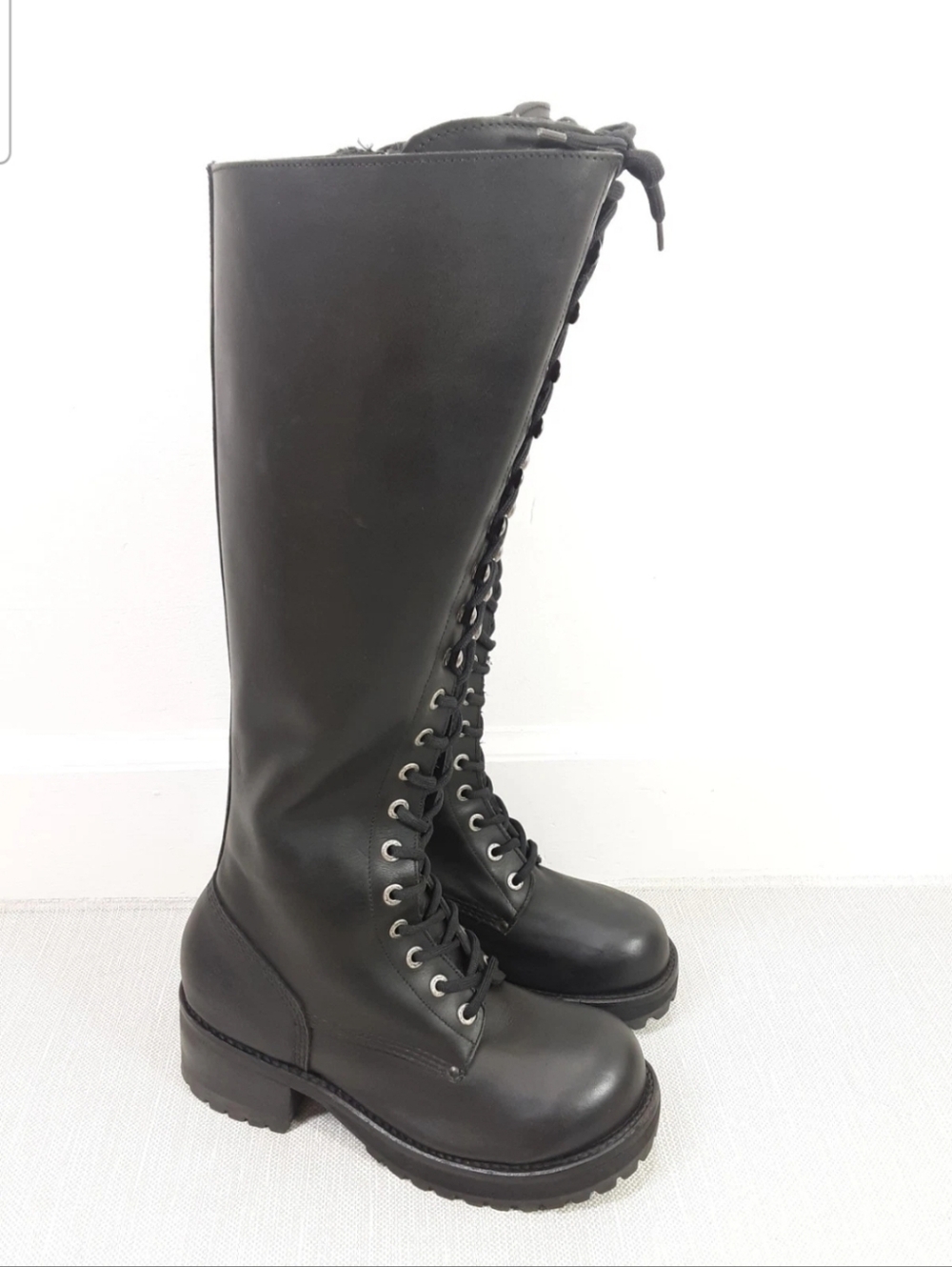 Muro Vintage Size 10 Tall Boots Black Leather Lace Up Motorcycle Rock Goth Rare